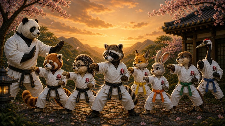 A group of anthropomorphic animals in white karate uniforms practicing martial arts together at sunset in a traditional Asian setting