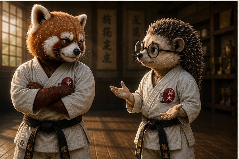 Two animated animals in martial arts uniforms with belts practicing karate in a traditional dojo setting
