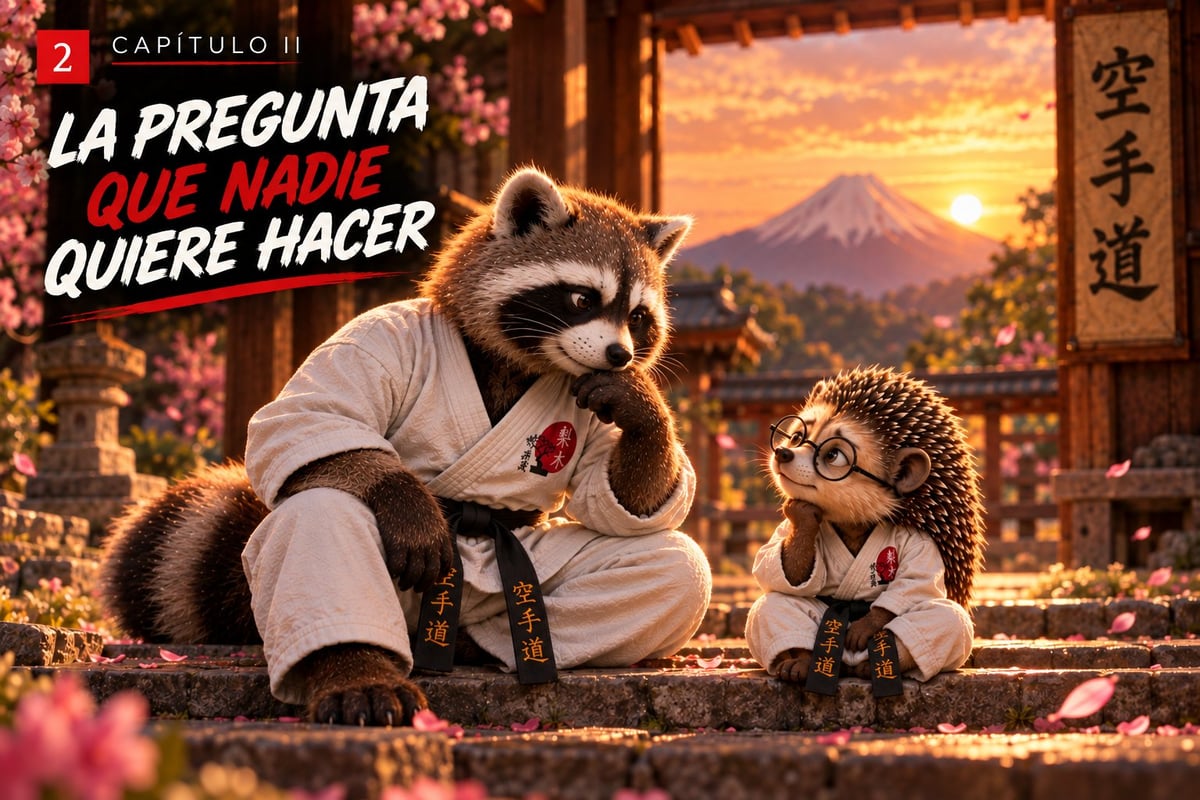 Animated raccoon in karate gi teaching small hedgehog martial arts with Mount Fuji and sunset in background