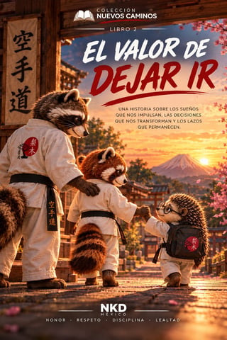 Book cover showing animated raccoons in karate uniforms against a sunset backdrop with Asian-inspired architecture and cherry blossoms