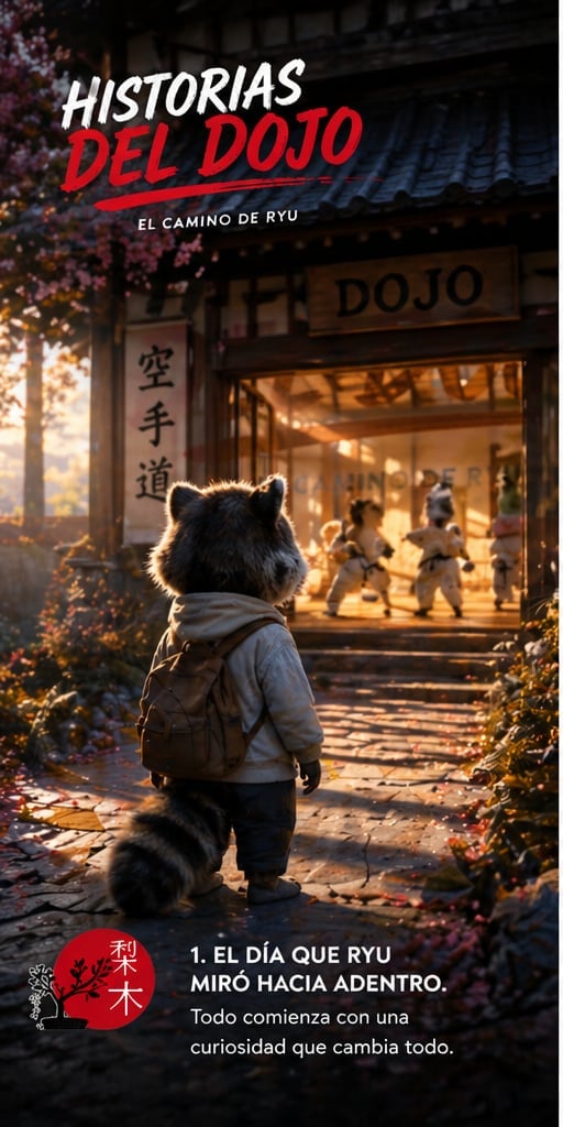 Cartoon raccoon character wearing backpack approaching traditional Japanese dojo entrance