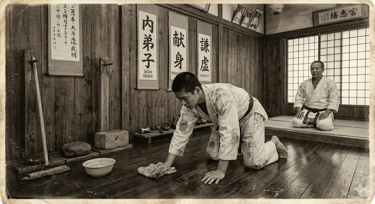 Vintage Japanese photo showing man in traditional clothing kneeling and cleaning wooden floor of a dojo with calligraphy scrolls on walls