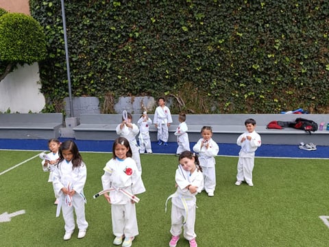 Children in white martial arts uniforms practicing on an outdoor green turf field with ivy-covered wall and blue barrier in background